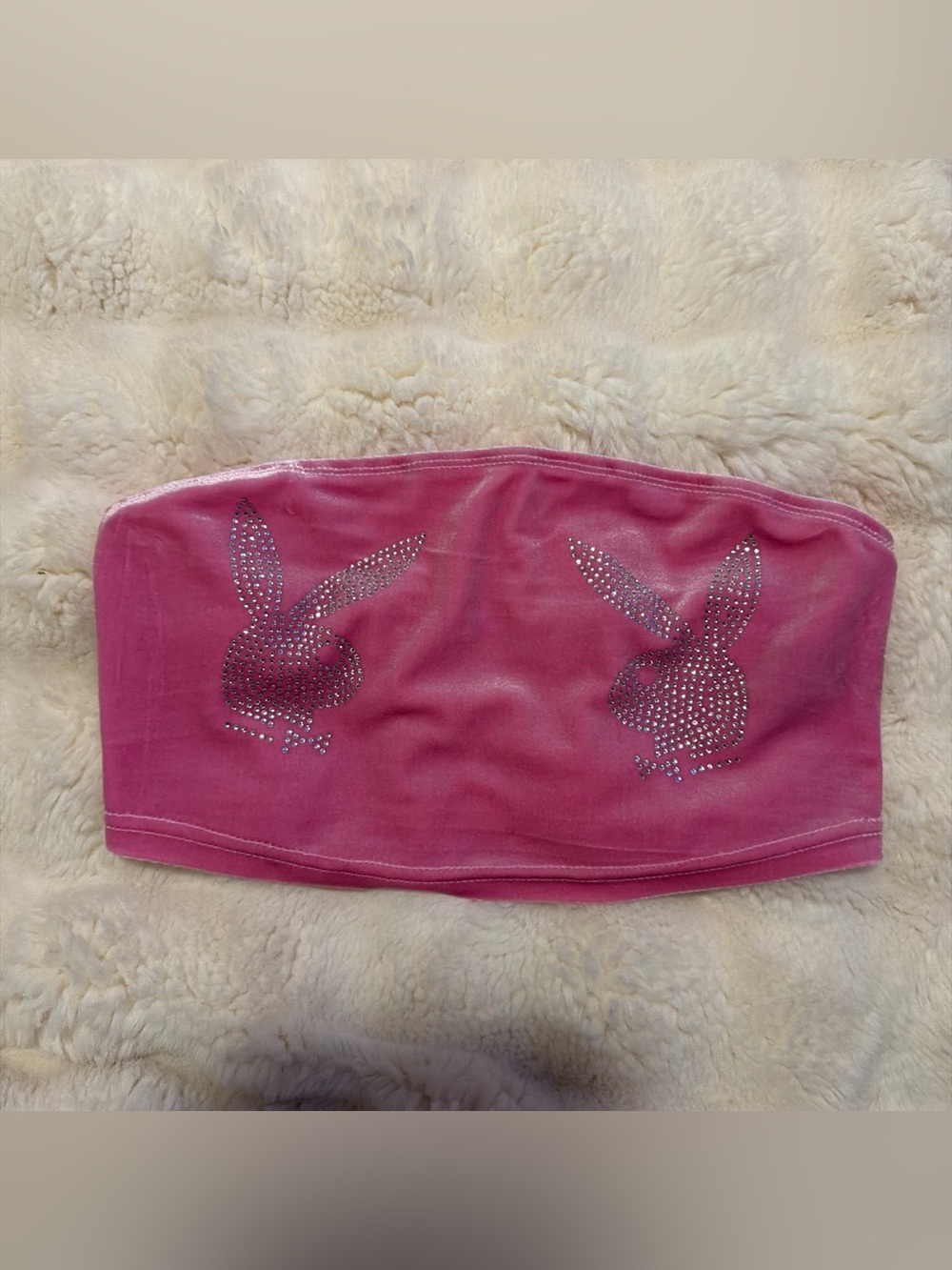 PLAYBOY Pink Rhinestone Bunny Velvet Tube Crop Top